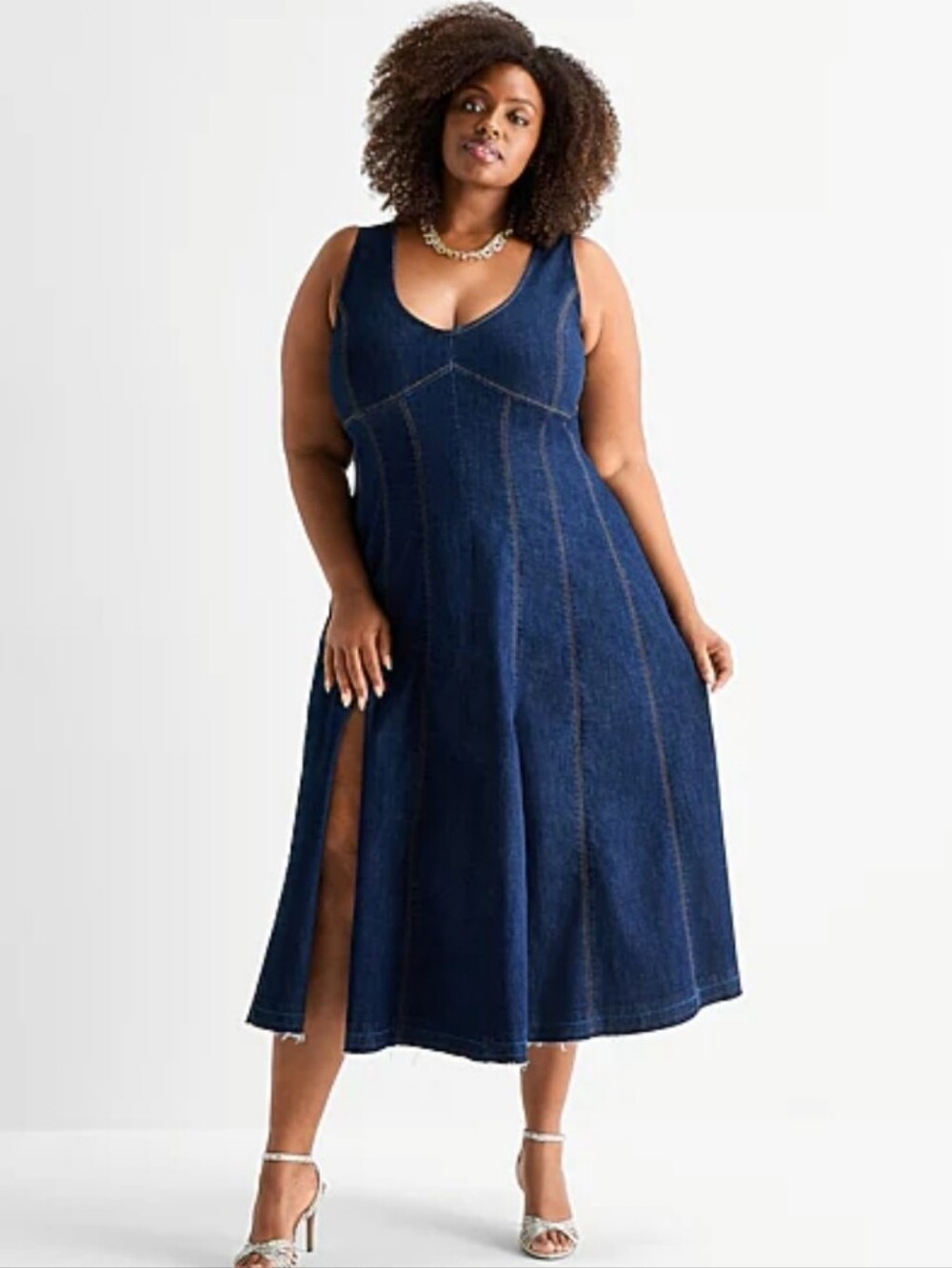 Ashley Graham  V Neck Sleeveless Jeans A-Line Dress